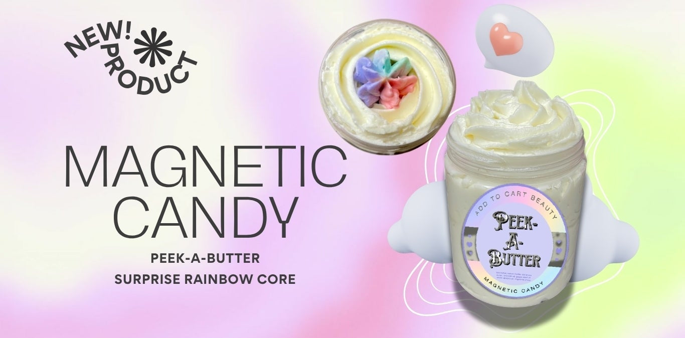 Magnetic candy scented body butter with colorful packaging on a gradient background